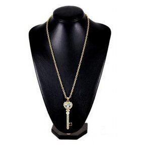 3" Chunky Gold Tone Aurora Borealis Ab Crystal Heart Love Key Necklace Triple Pl
